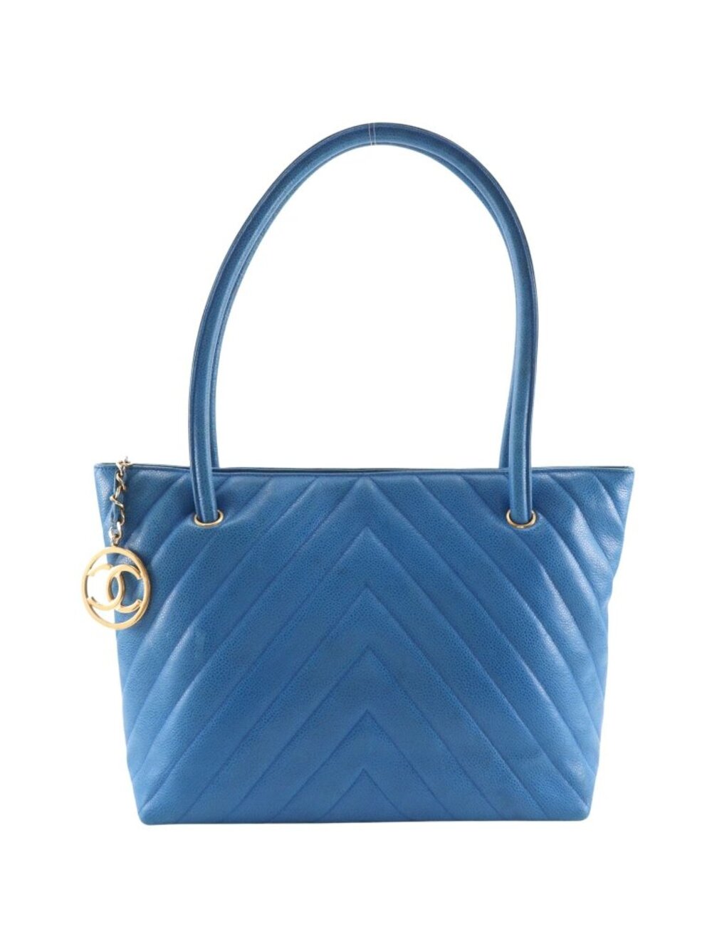 Chanel Chevron V-stitch Vintage Caviar Leather Blue Tote Bag